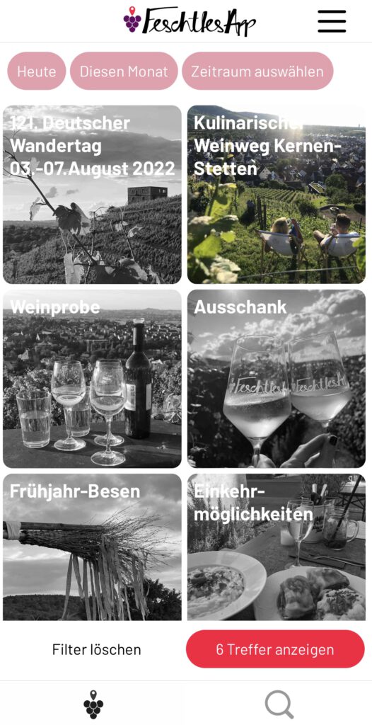 FeschtlesApp Filteransicht, Kulinarischer Weinweg an Pfingsten in Kernen-Stetten